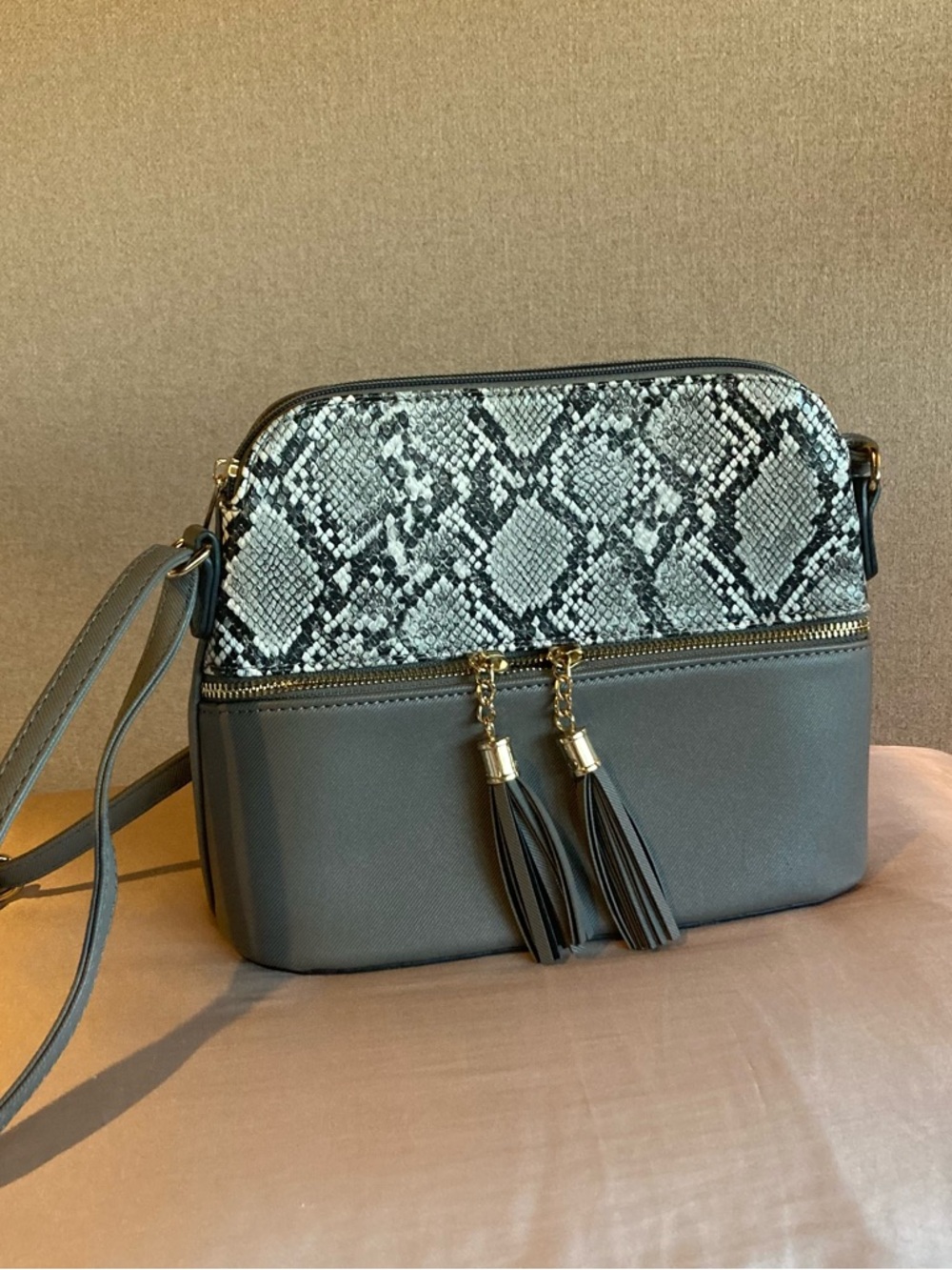 Grey SUGU Snake-Print Crossbody with Tassel Detail